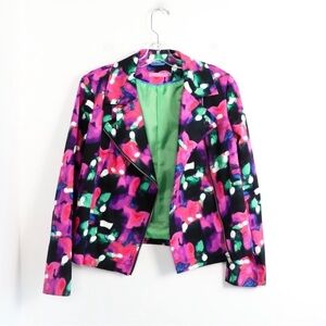 NWOT Isaac Mizrahi NY moto blazer jacket abstract print paint splash pink biker